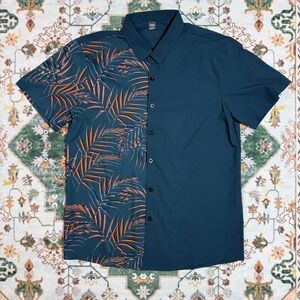 Mens Tropical Leaf Print Short Sleeve Button Up‎ Shirt Teal Orange